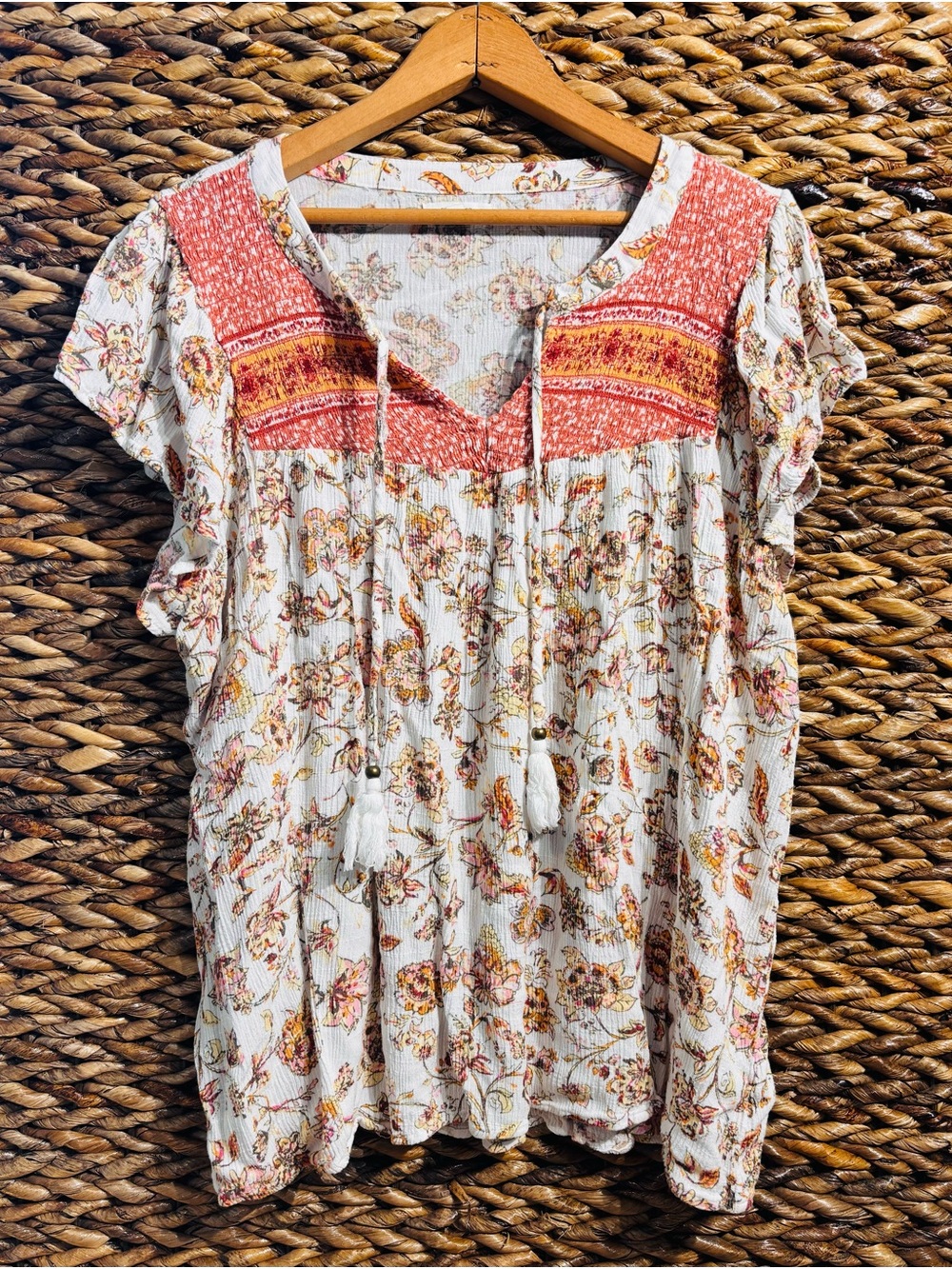 Maurices Coral-Yoke Floral Peasant Blouse
